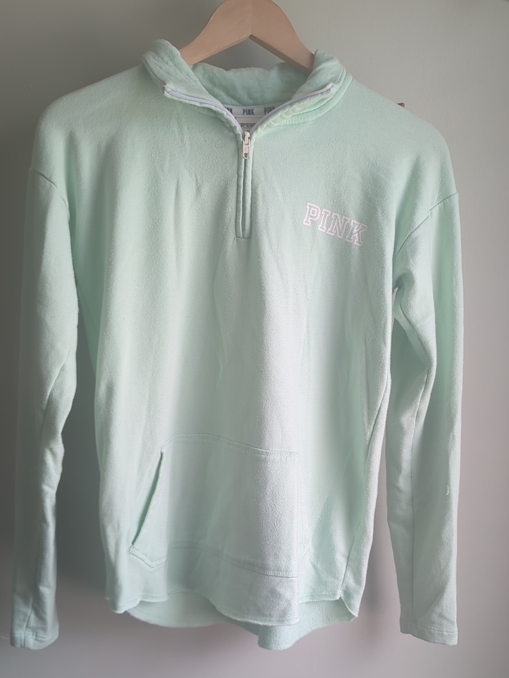 PINK. Mint Green Quarter-Zip Fleece Pullover. Size XS.